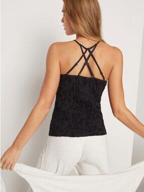 BY ANTHROPOLOGIE Zene Strappy Black Floral Burnout Black Camisole Top, Medium